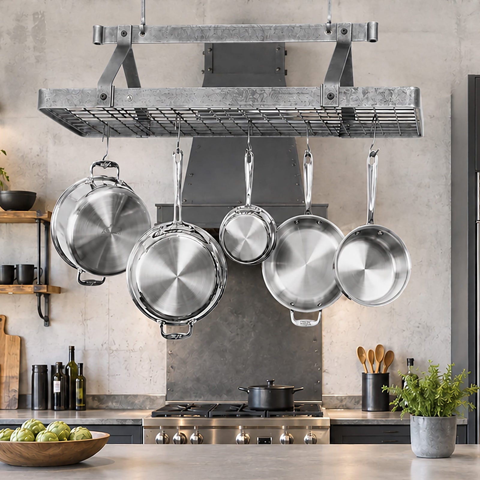 Enclume Ceiling French Rectangle Ceiling Pot Rack w Hooks Hammered Steel