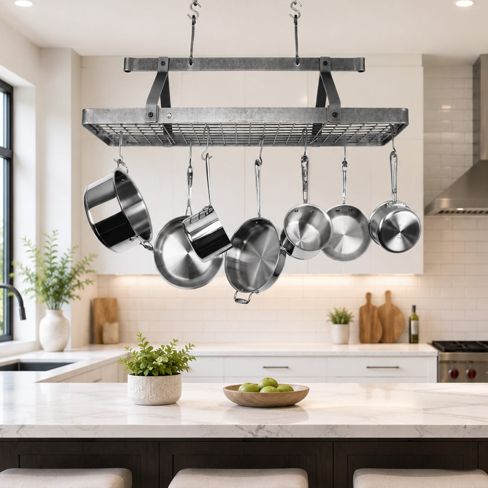 Enclume Ceiling French Rectangle Ceiling Pot Rack w Hooks Hammered Steel