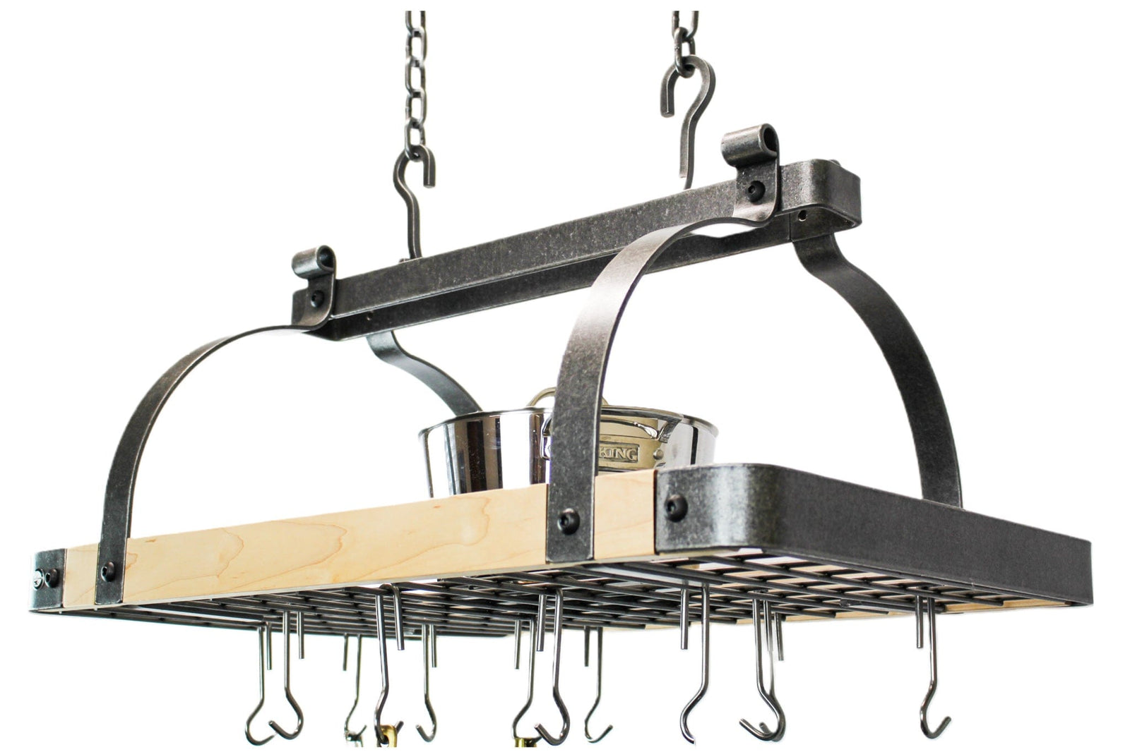 Enclume Ceiling Maple Signature 30" Rectangle Ceiling Pot Rack Hammered Steel with Tigerwood, Maple or Walnut