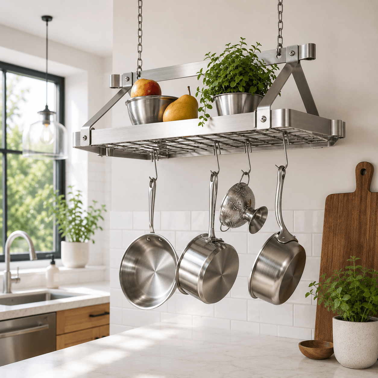Enclume Ceiling Retro Rectangle Ceiling Pot Rack w/ 12 Hooks, 2 S Hooks & 6" Chain