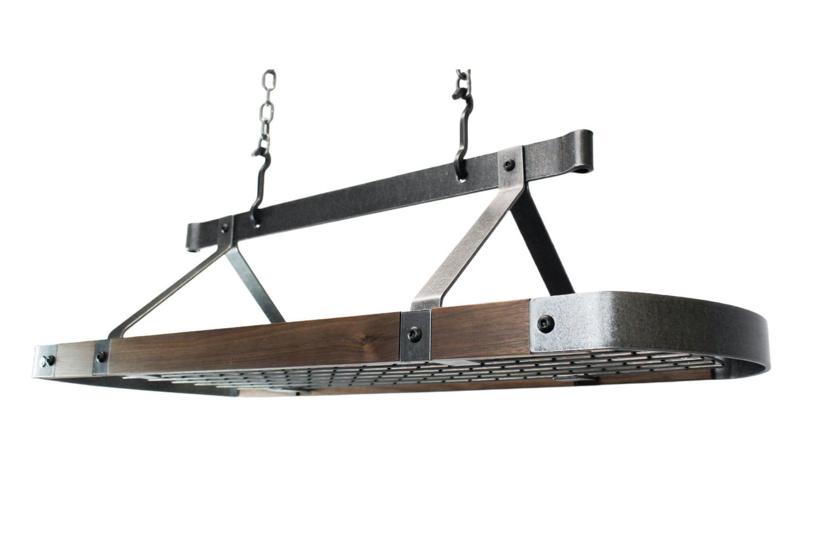 Enclume Ceiling Signature 45" Oval Ceiling Pot Rack Hammered Steel with Tigerwood or Walnut