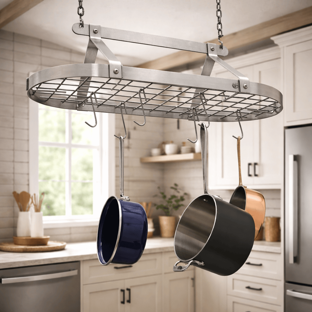 Enclume Ceiling Stainless Steel Gourmet Classic Oval Ceiling Pot Rack w/ 12 Hooks, 2 S Hooks and 6" Chain