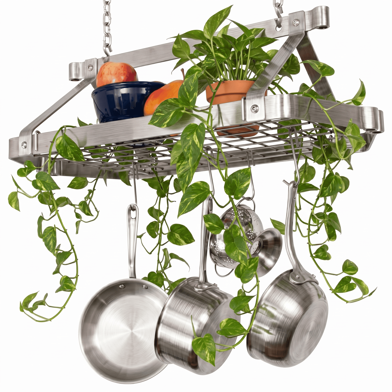 Enclume Ceiling Stainless Steel Retro Rectangle Ceiling Pot Rack w/ 12 Hooks, 2 S Hooks & 6" Chain