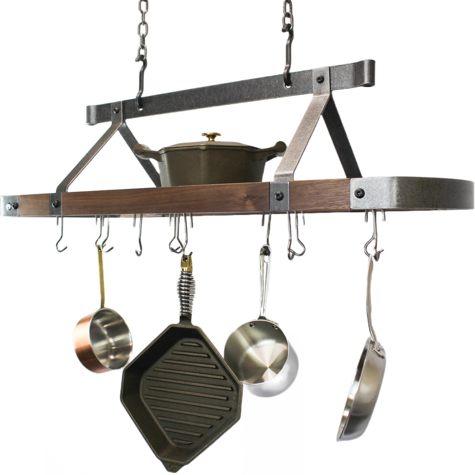Enclume Ceiling Walnut Signature 45" Oval Ceiling Pot Rack Hammered Steel with Tigerwood or Walnut