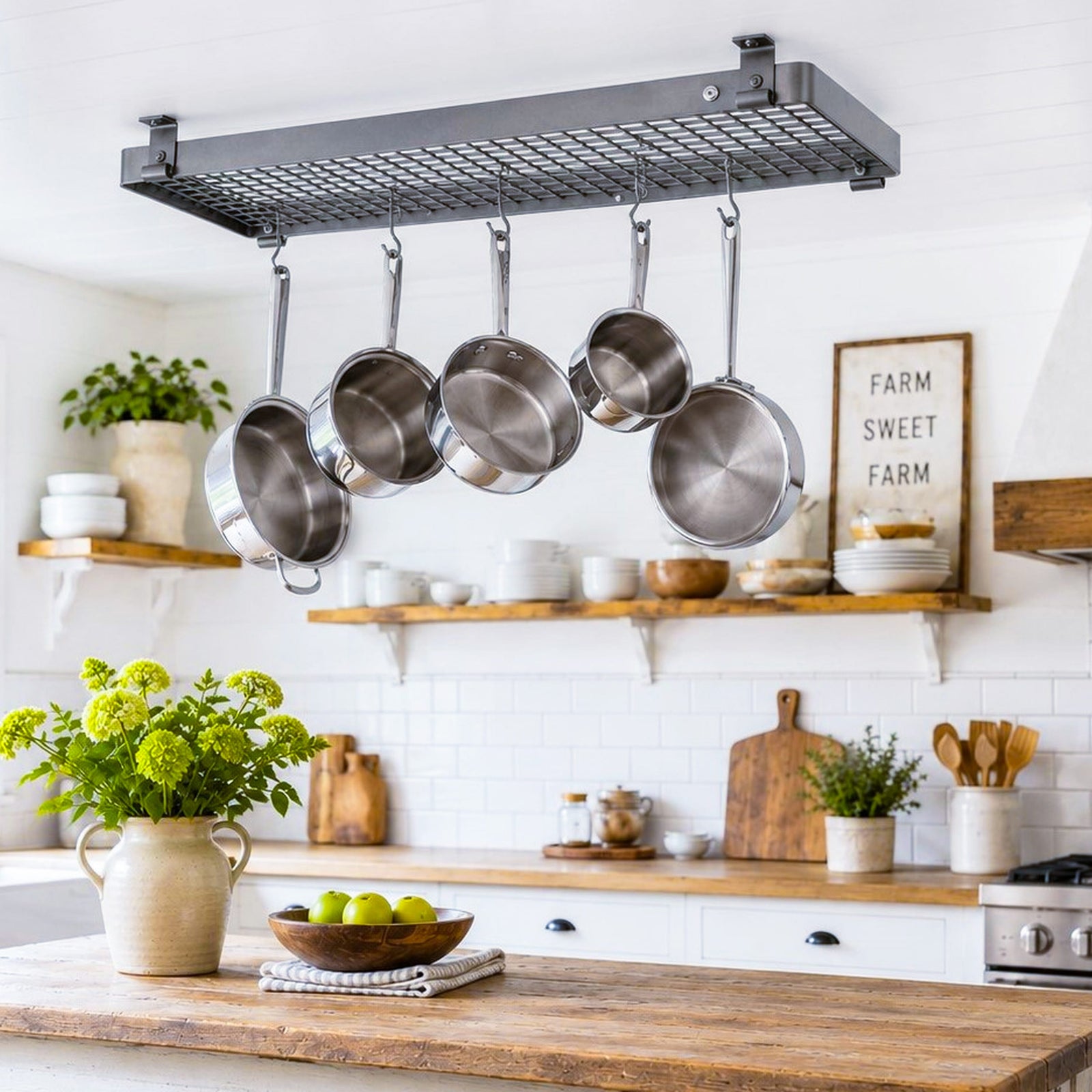 Enclume Design Products Ceiling Handcrafted 36" Rectangle Flush Mounted Ceiling Rack w 12 Hooks, Hammered Steel
