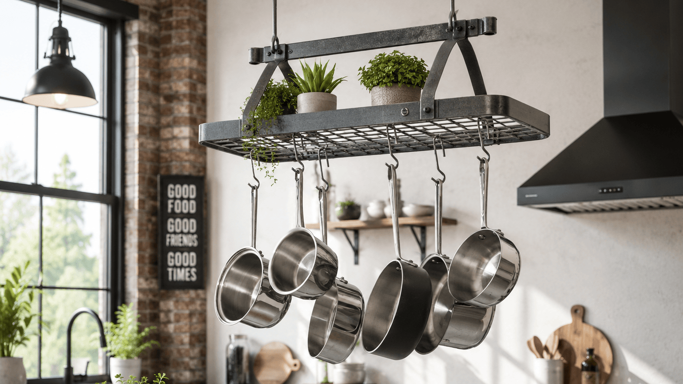 Enclume Design Products Hammered Steel Grande Cuisine Rectangle Ceiling Rack w 18 Hooks