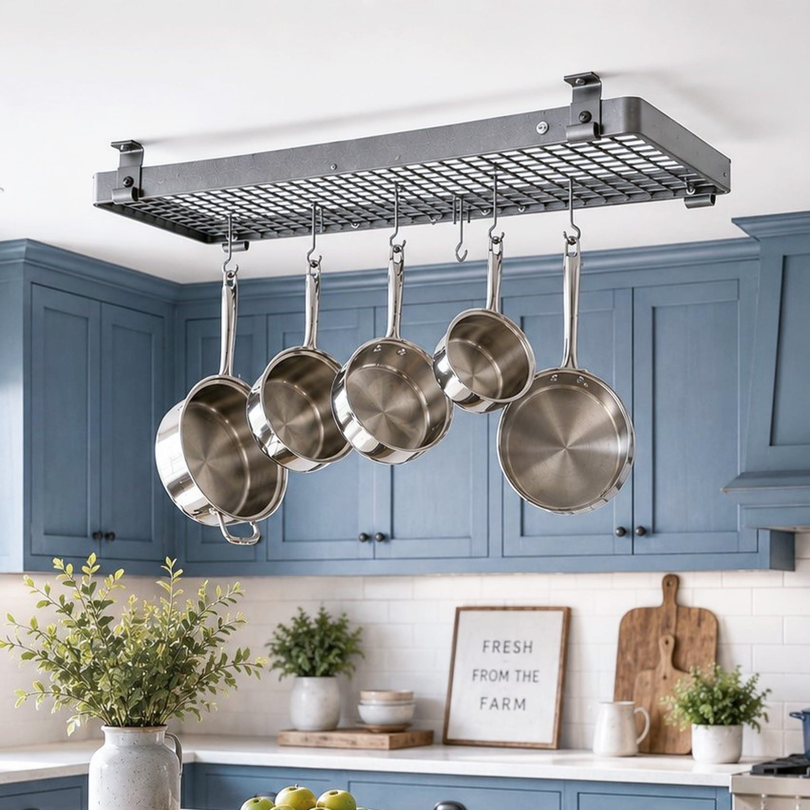 Enclume Design Products Handcrafted 36" Narrow Flush Mounted Ceiling Rack w 12 Hooks, Hammered Steel