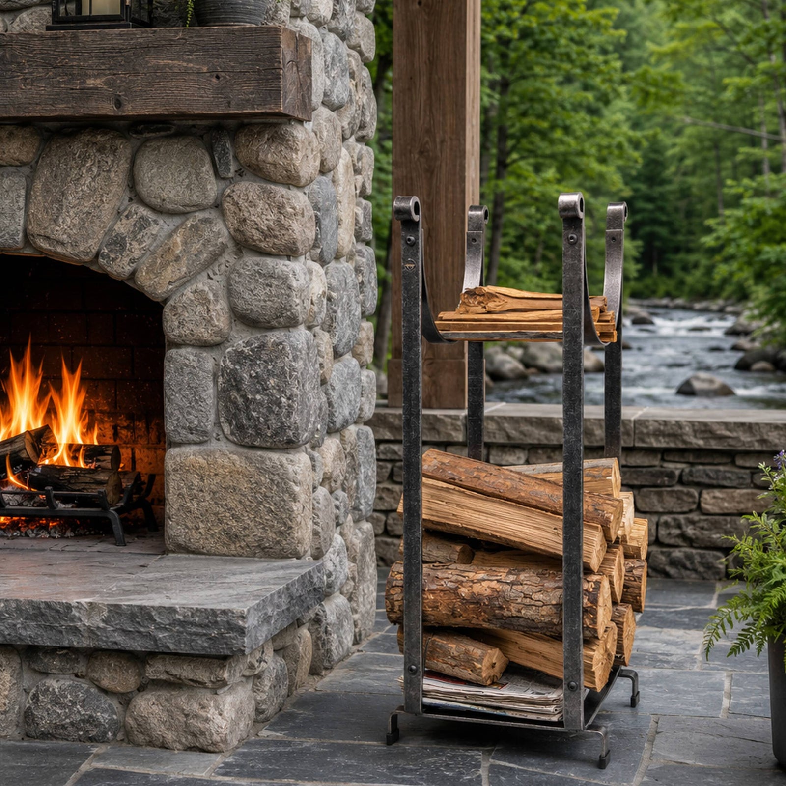 Enclume Design Products Handcrafted Sling Fireplace Log Rack w/Newspaper Holder