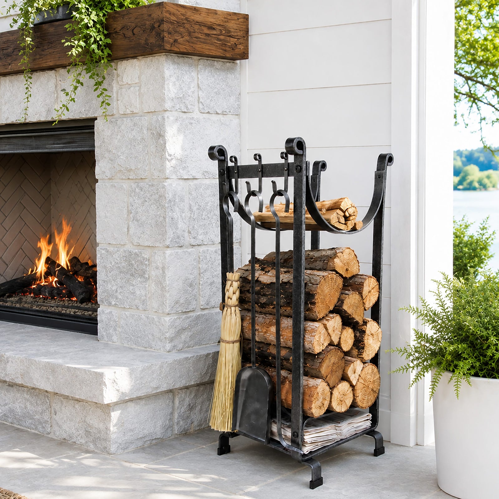Enclume Design Products Handcrafted Sling Fireplace Log Rack w/Newspaper Holder and Tools Hammered Steel