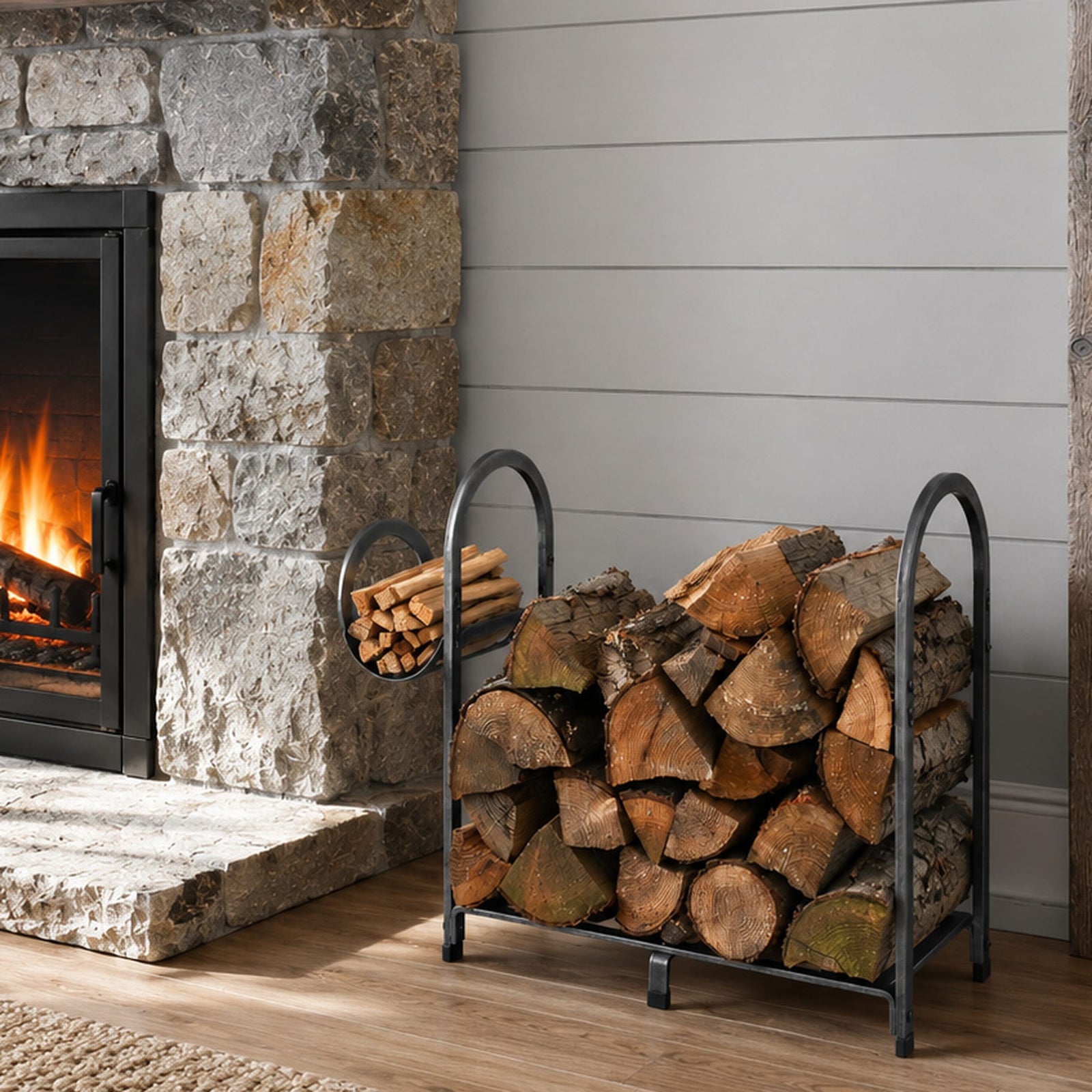 Enclume Floor Arch Fireplace Log Rack Hammered Steel