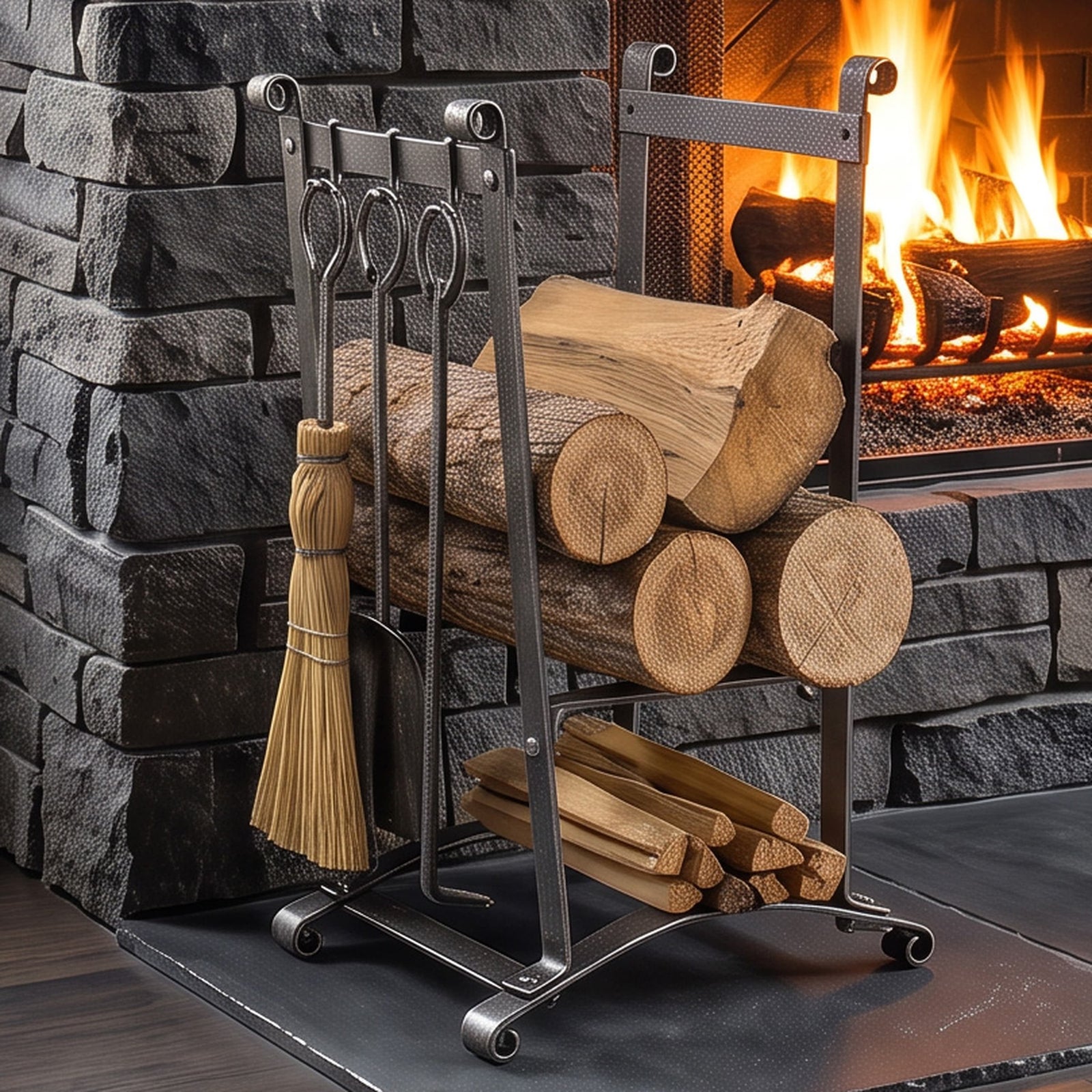Enclume Floor Compact Curved Fireplace Log Rack w/ Tools Hammered Steel