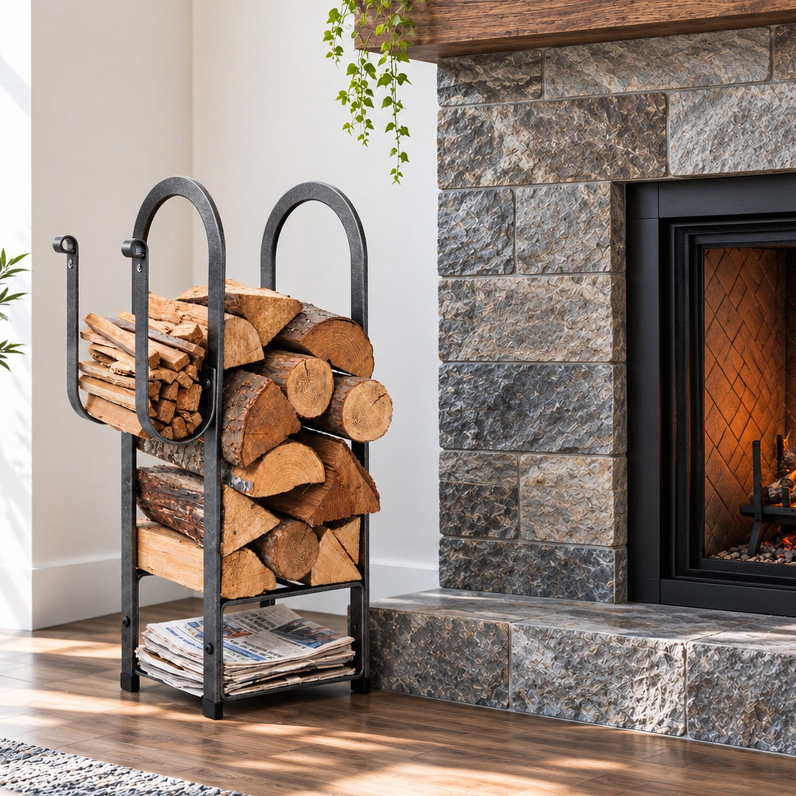 Enclume Floor Fire Center Log Rack Hammered Steel