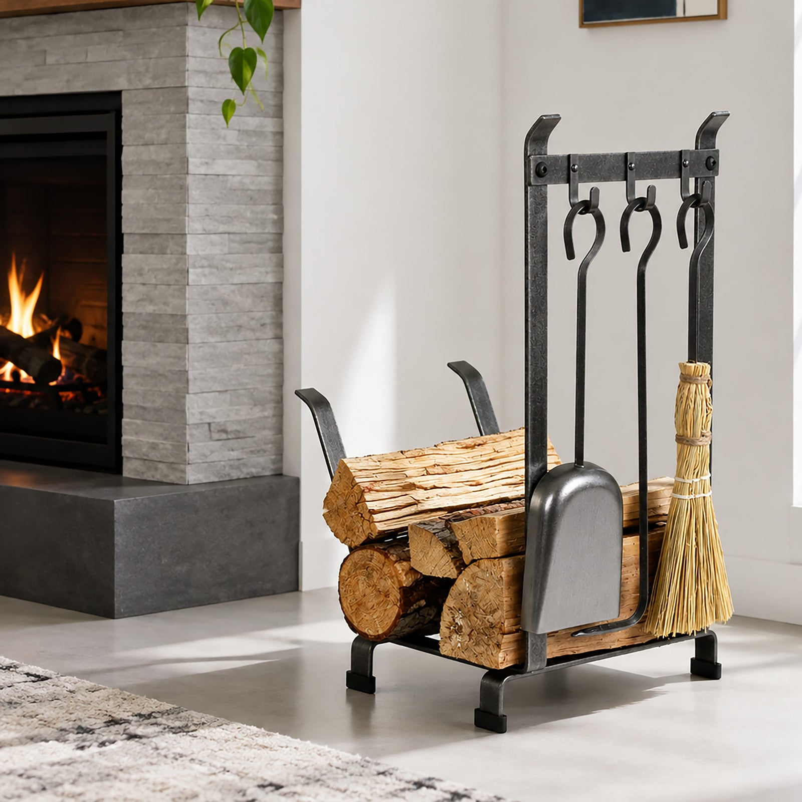 Enclume Floor Fireplace Log Rack w/ Tools Hammered Steel
