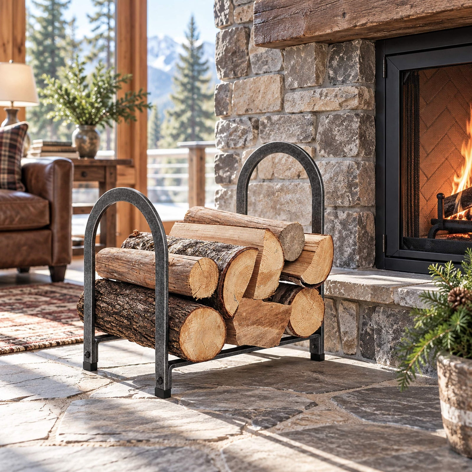 Enclume Floor Offset Arch Fireplace Log Rack Hammered Steel