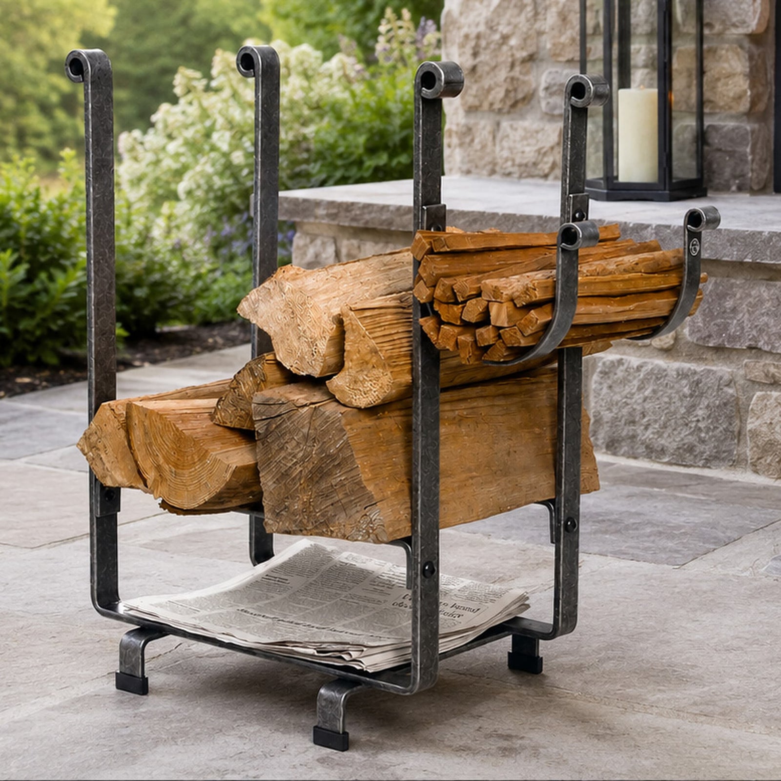 Enclume Floor Rectangle Fireplace Log Rack w/ Newspaper Holder Hammered Steel