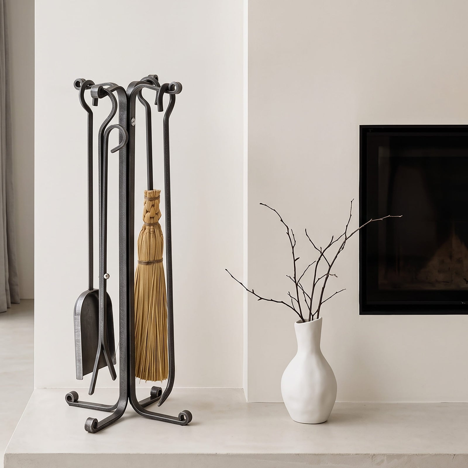 Enclume Floor Rolled Eye 4-Piece Fireplace Tool Set Hammered Steel