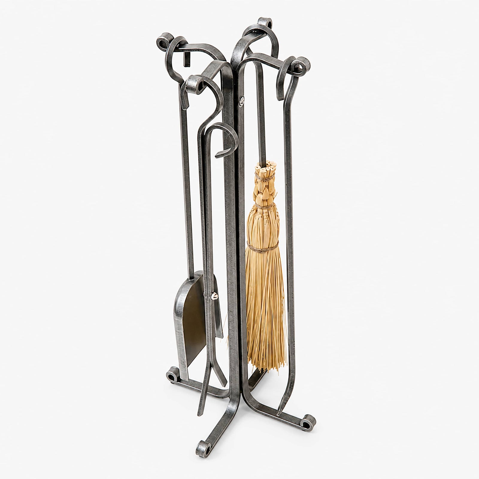 Enclume Floor Rolled Eye 4-Piece Fireplace Tool Set Hammered Steel