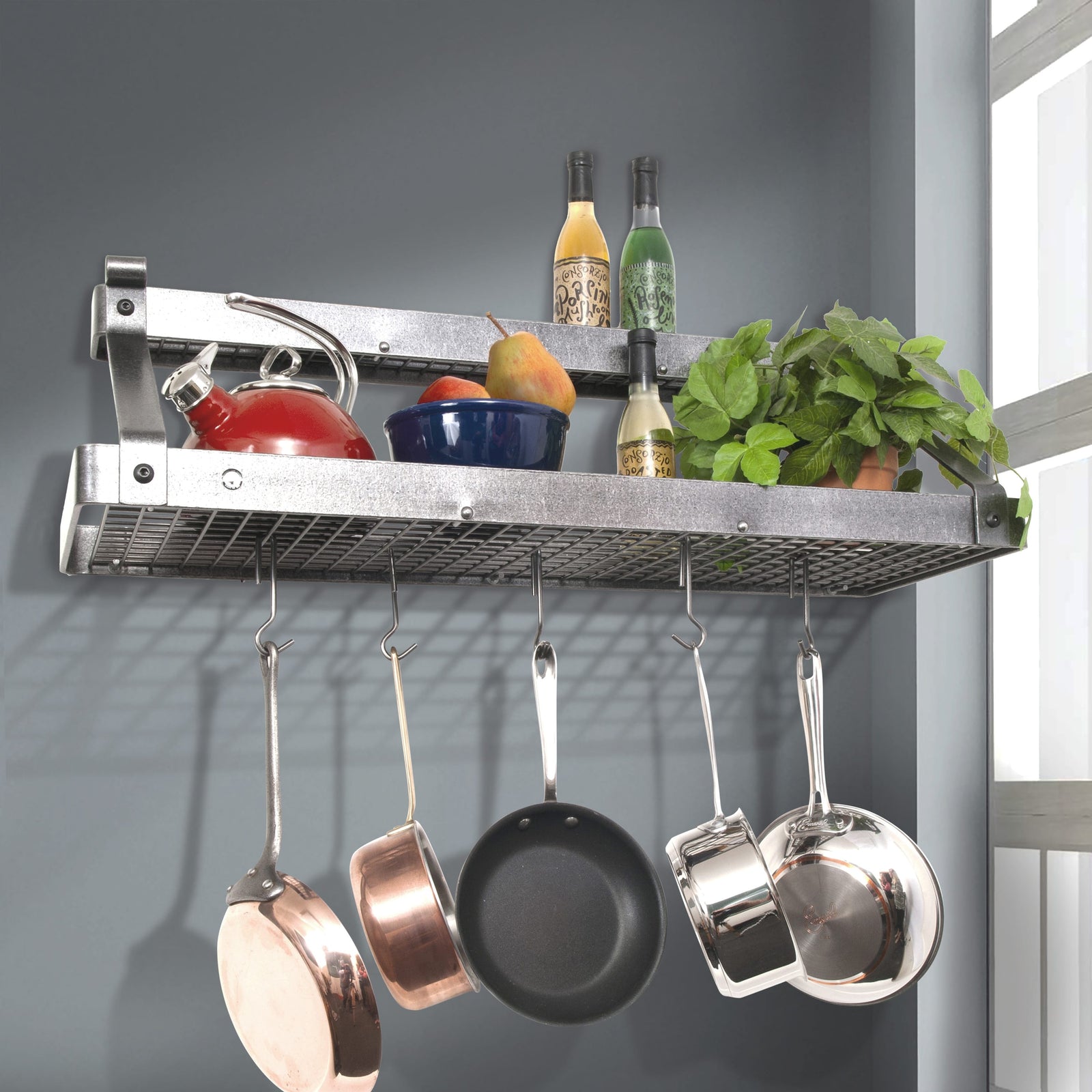 Enclume Wall 36" Gourmet Deep Bookshelf Wall Rack w/Accessory Shelf Hammered Steel
