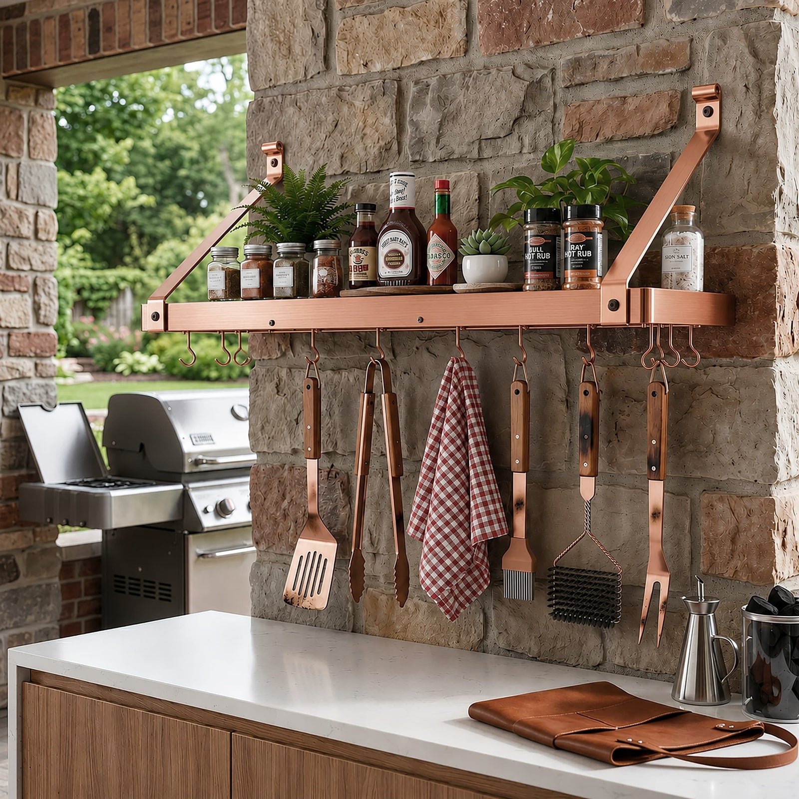 Enclume Wall Brushed Copper / Rolled Eye 36" Gourmet Bookshelf Wall Rack w/ 12 Hooks