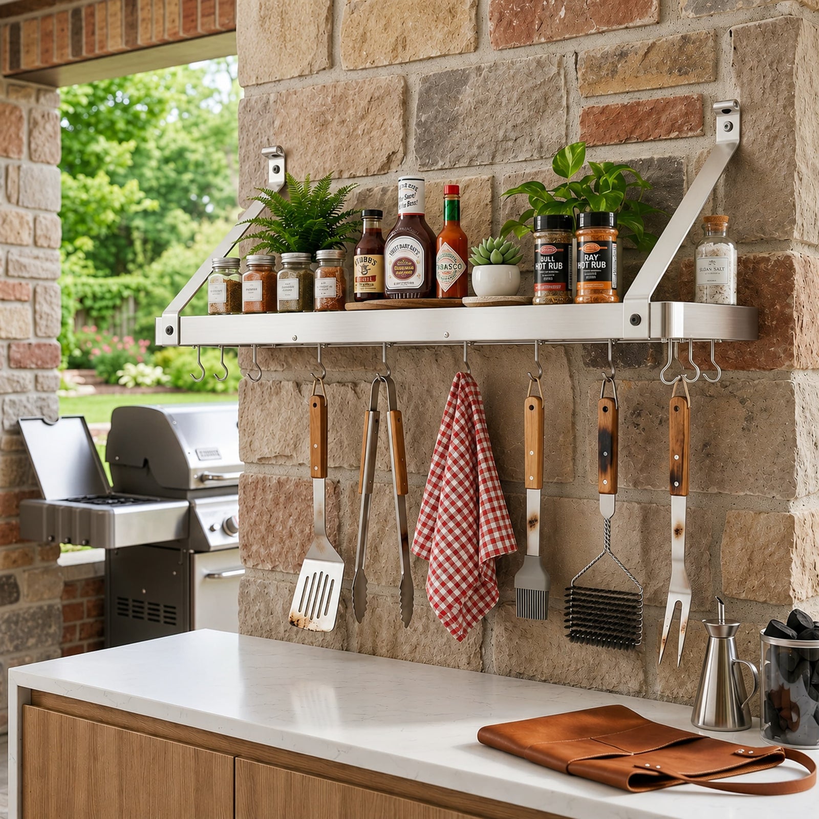 Enclume Wall Stainless Steel / Rolled Eye 36" Gourmet Bookshelf Wall Rack w/ 12 Hooks