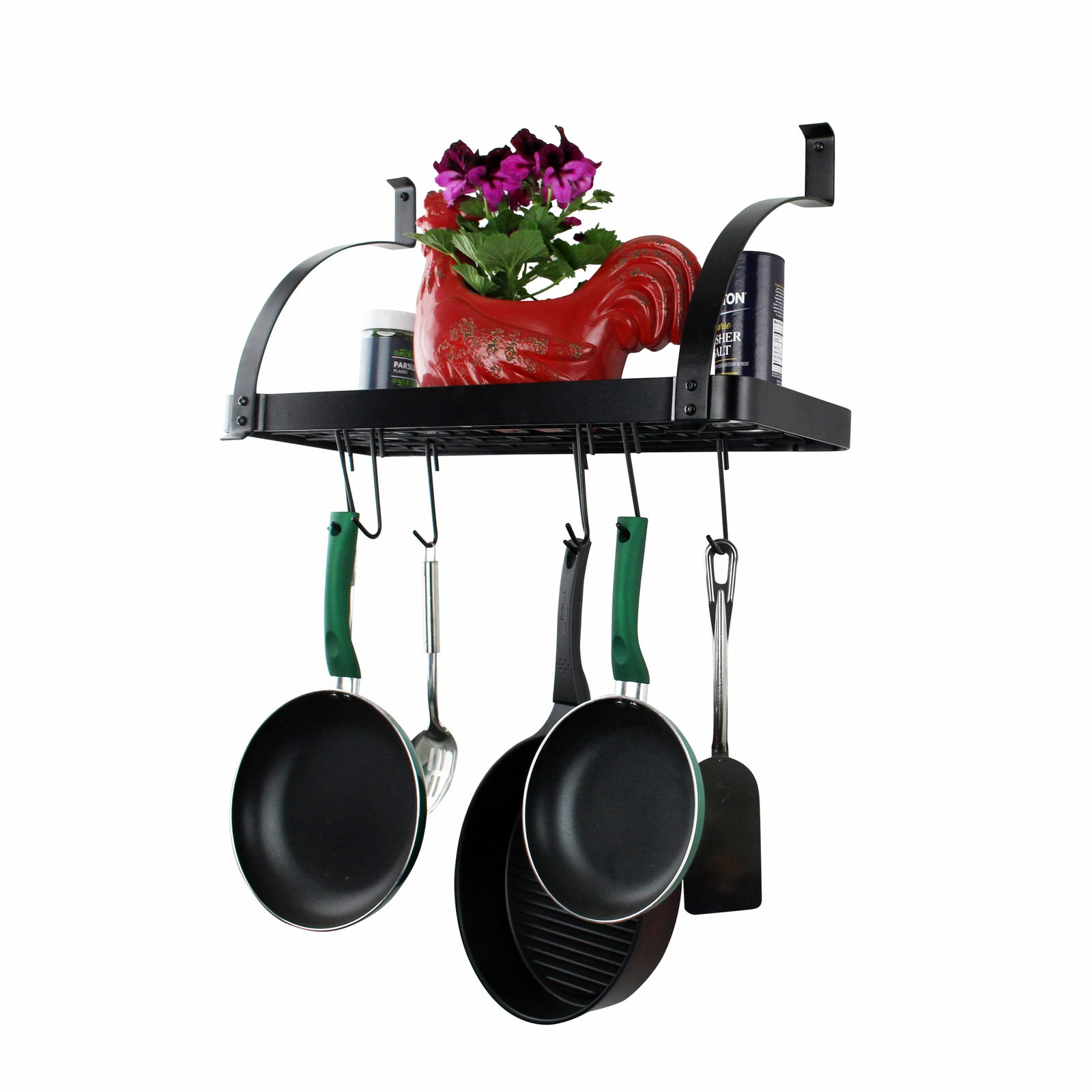 Rack It Up 24" Black Bookshelf Wall Rack with Curved Arms and 8 Hooks