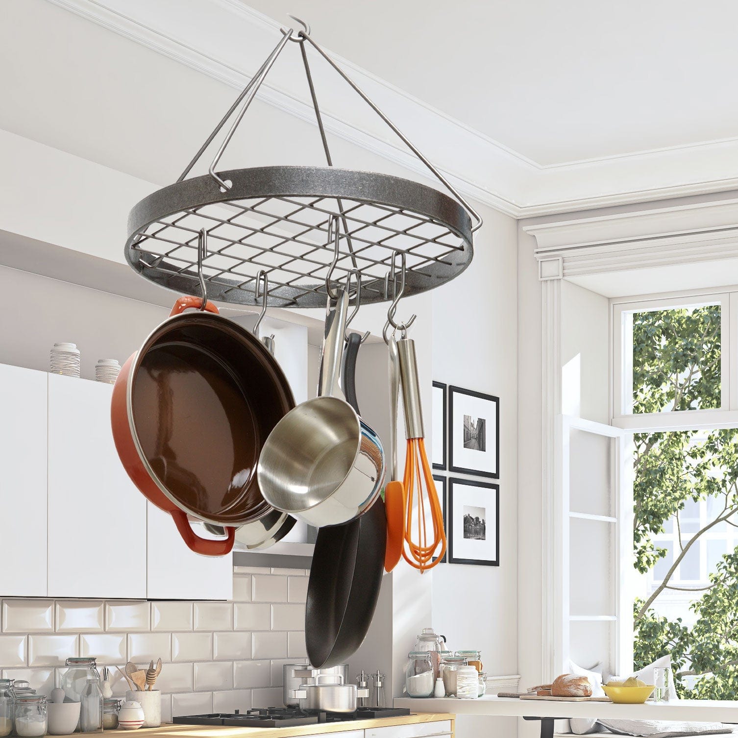 Enclume Ceiling Cottage Round Rack w/ 6 Hooks in Hammered Steel