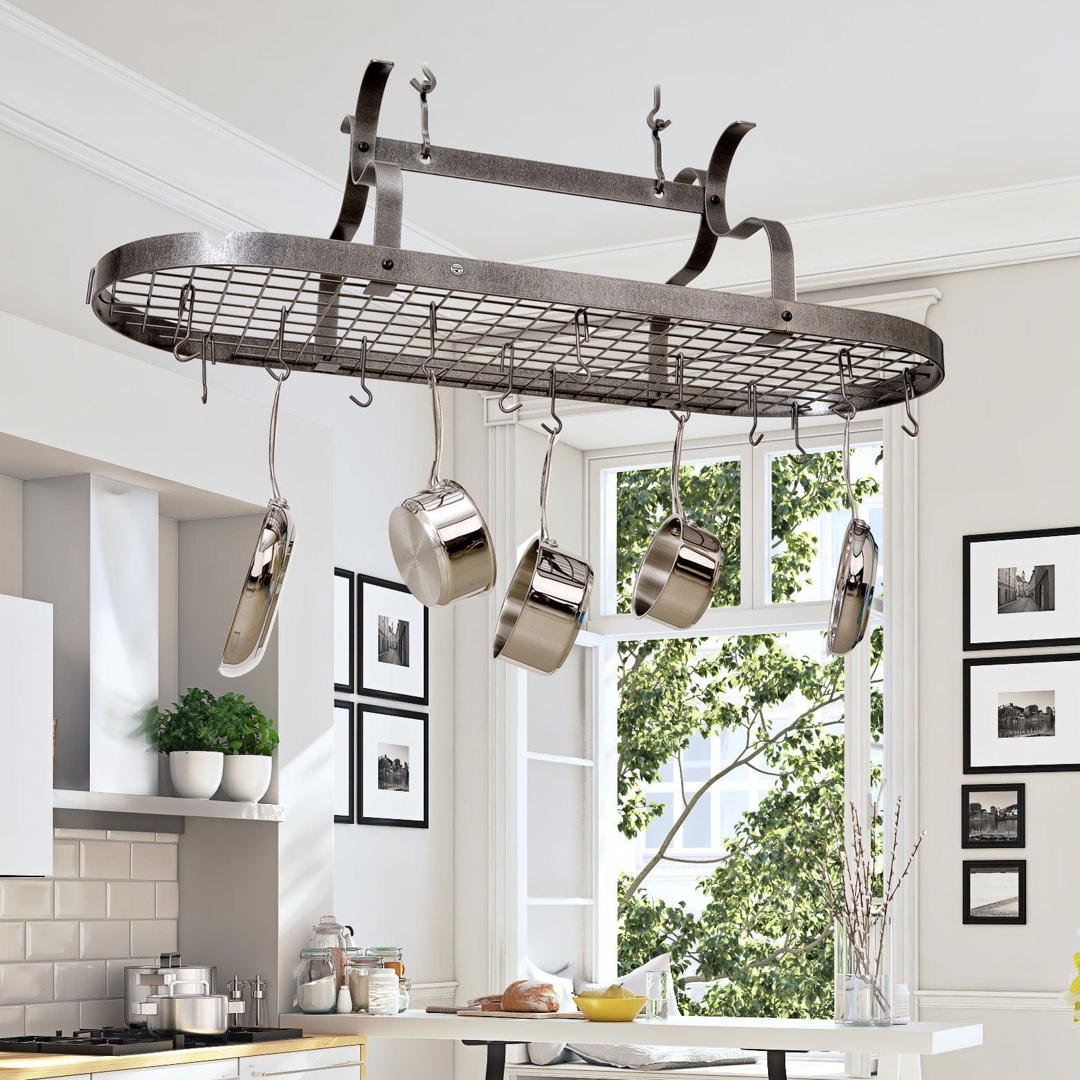 Enclume Ceiling Hammered Steel Scroll Arm Oval Ceiling Pot Rack w/ 24 Hooks