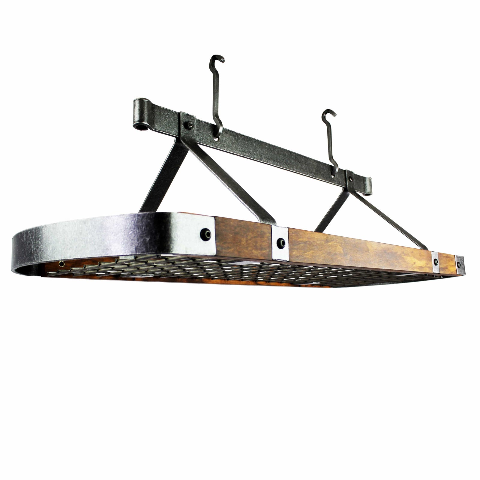 Enclume Ceiling Signature 45" Oval Ceiling Pot Rack Hammered Steel with Tigerwood or Walnut