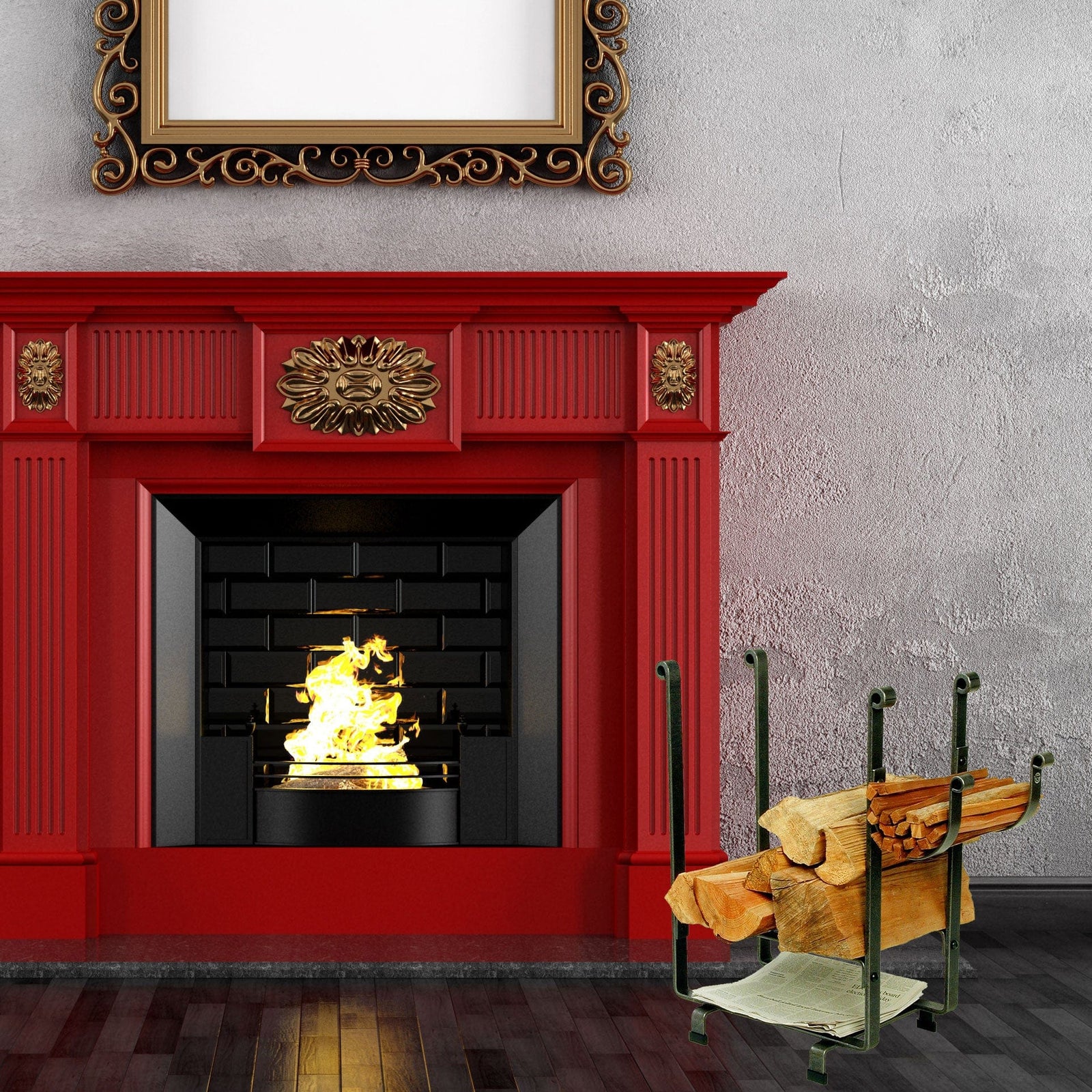 Enclume Floor Rectangle Fireplace Log Rack w/ Newspaper Holder Hammered Steel