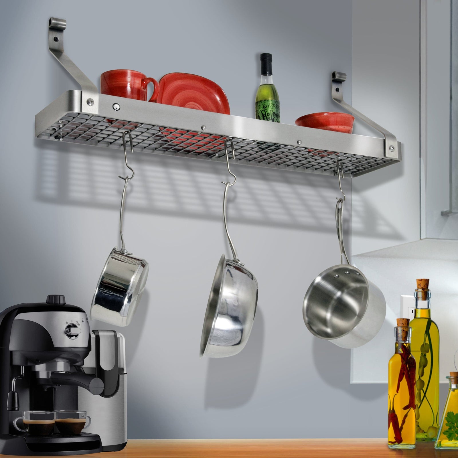 Enclume Wall Stainless Steel / Rolled Eye 30" Gourmet Bookshelf Wall Rack w/ 12 Hooks