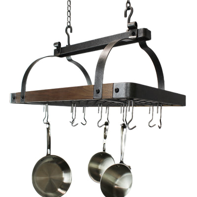 Signature 30" Rectangle Ceiling Pot Rack Hammered Steel with Tigerwood, Maple or Walnut