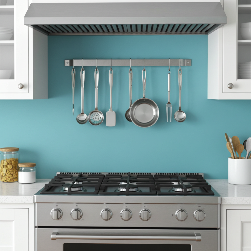 Handcrafted Easy Mount Wall Rack Utensil Bar w 6 Hooks