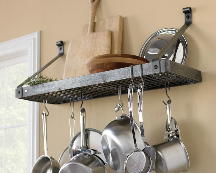 Grande Cuisine Bookshelf Pot Rack w 12 Hooks Hammered Steel