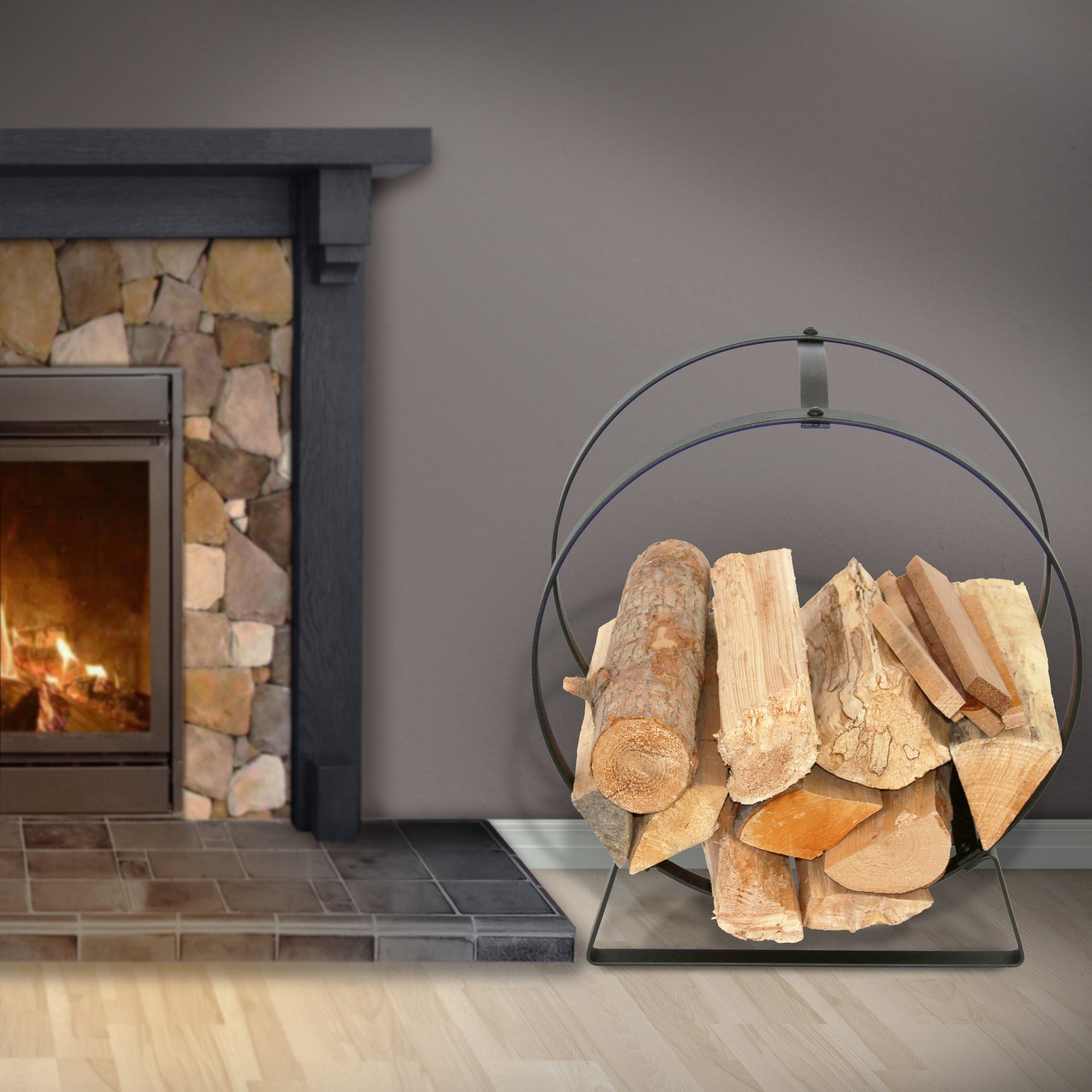 Handcrafted Indoor and Outdoor Hoop Fireplace Log Rack with Handle