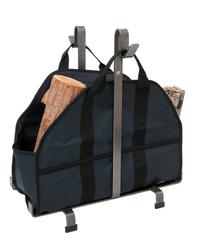 Handcrafted Fireplace Log Rack w Blue Carrier Bag Hammered Steel