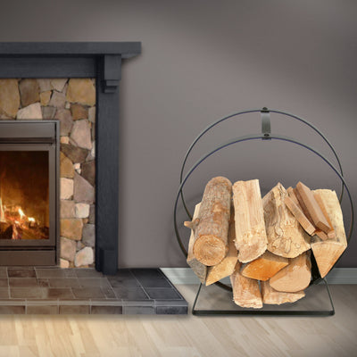 Handcrafted Indoor & Outdoor Hoop Fireplace Log Rack w Handle Hammered Steel