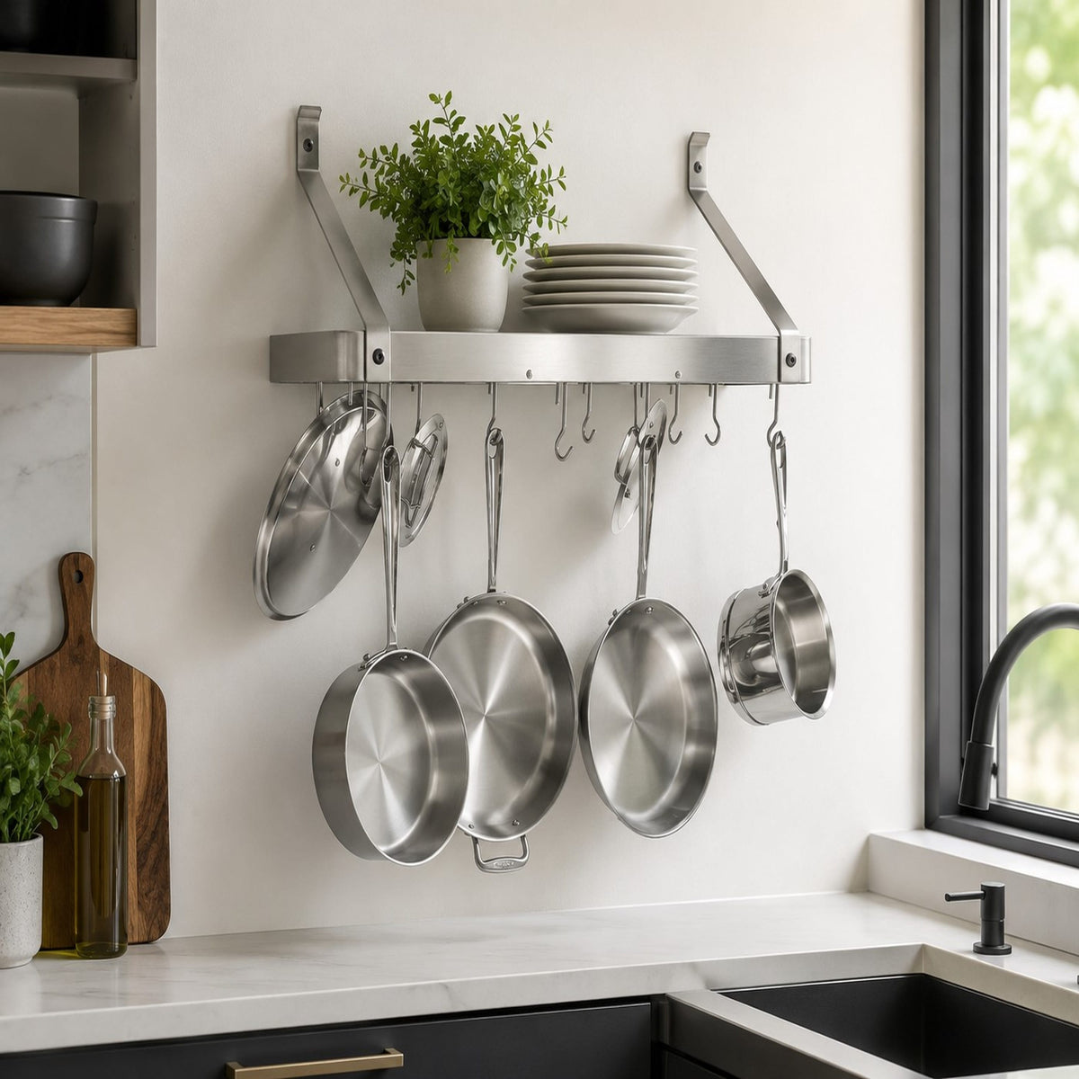 30" Gourmet Deep Bookshelf Wall Rack w/ 12 Hooks