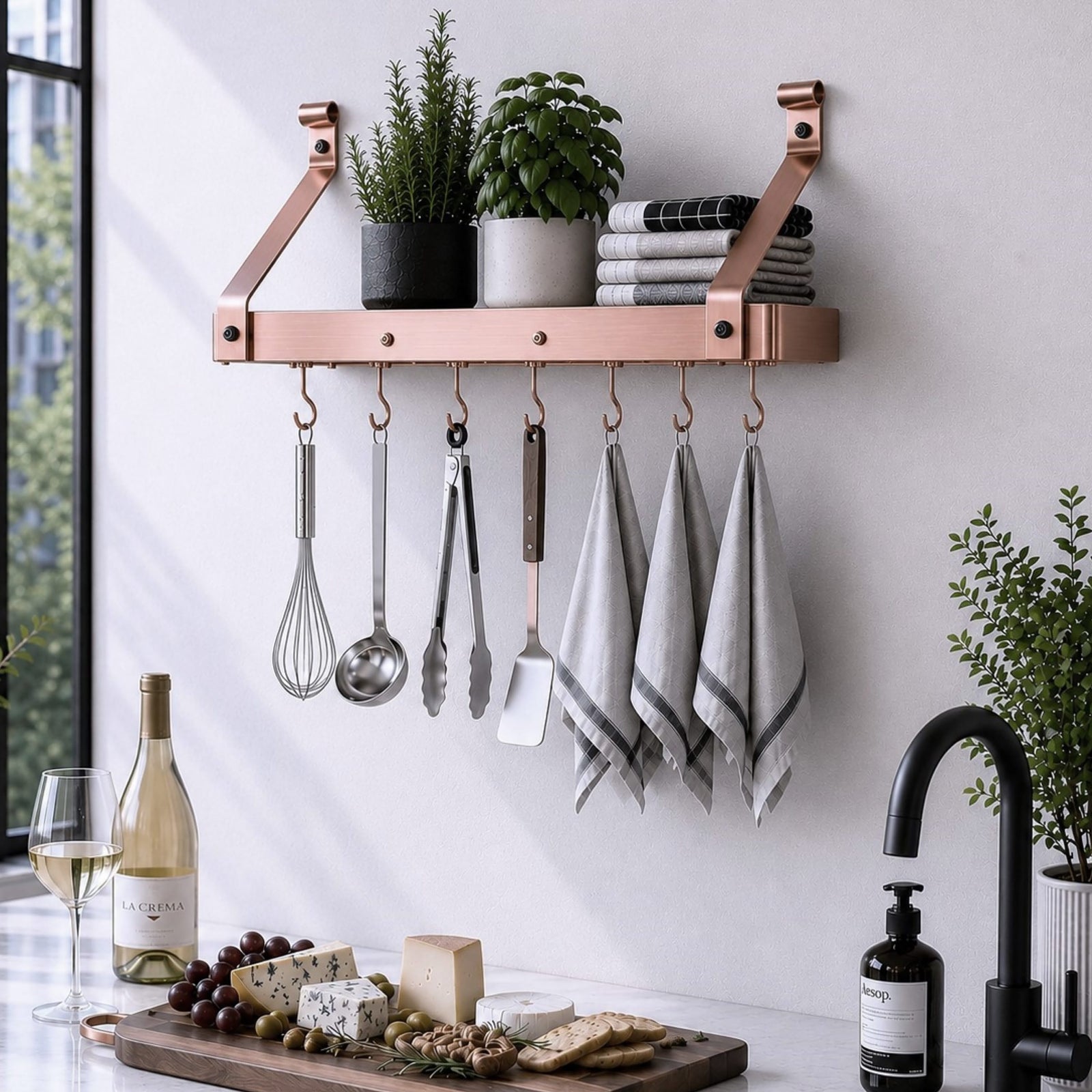 24" Gourmet Bookshelf Wall Rack w/ 12 Hooks