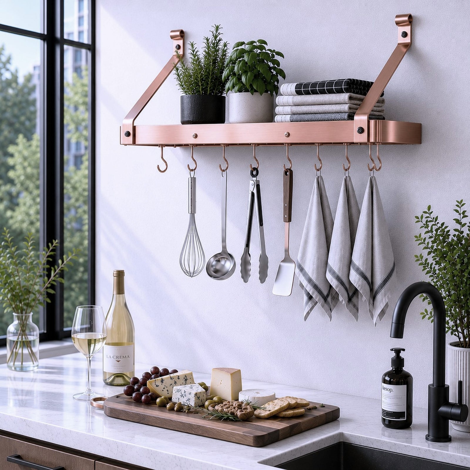 30" Gourmet Bookshelf Wall Rack w/ 12 Hooks