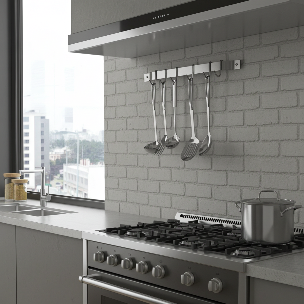 Handcrafted Easy Mount Wall Rack Utensil Bar w 6 Hooks