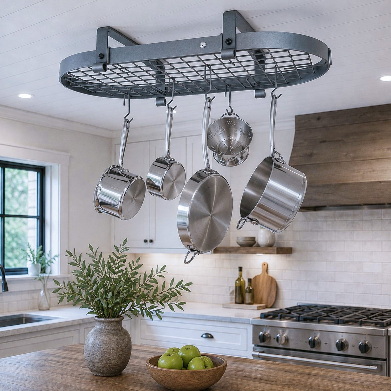 Enclume Ceiling Hammered Steel 37" Low Ceiling Oval Pot Rack w/ 18 Hooks