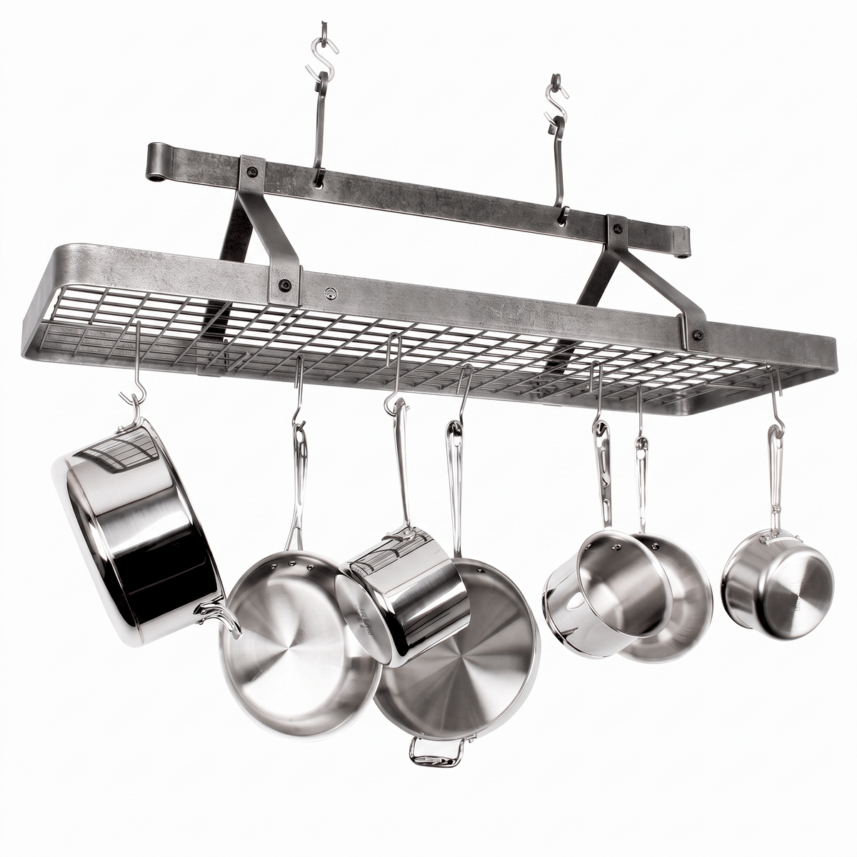 Enclume Ceiling 48" French Rectangle Ceiling Pot Rack w Hooks Hammered Steel