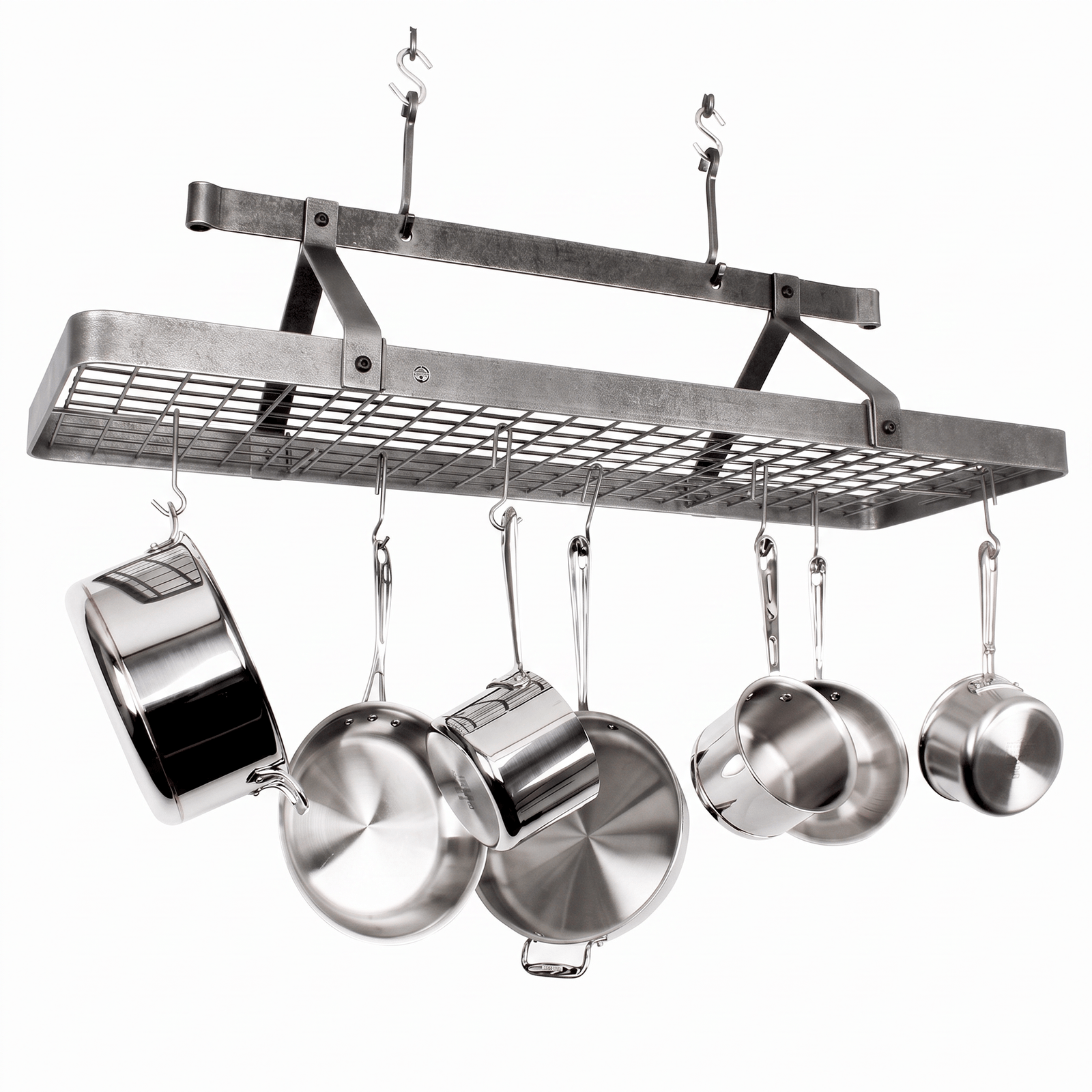 Enclume Ceiling 48" French Rectangle Ceiling Pot Rack w Hooks Hammered Steel
