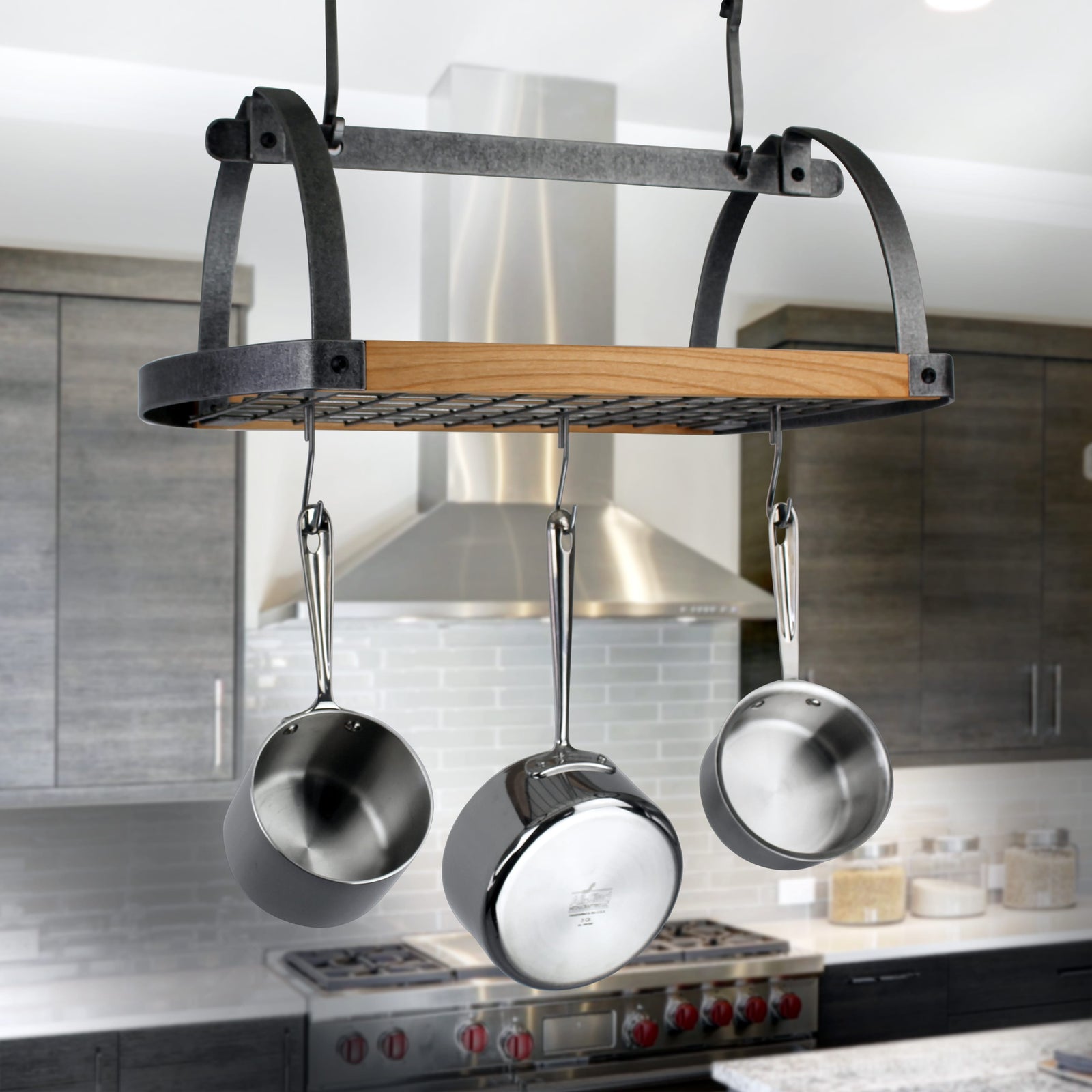 Enclume Ceiling Decor Oval Ceiling Pot Rack w/Alder Wood in Hammered Steel