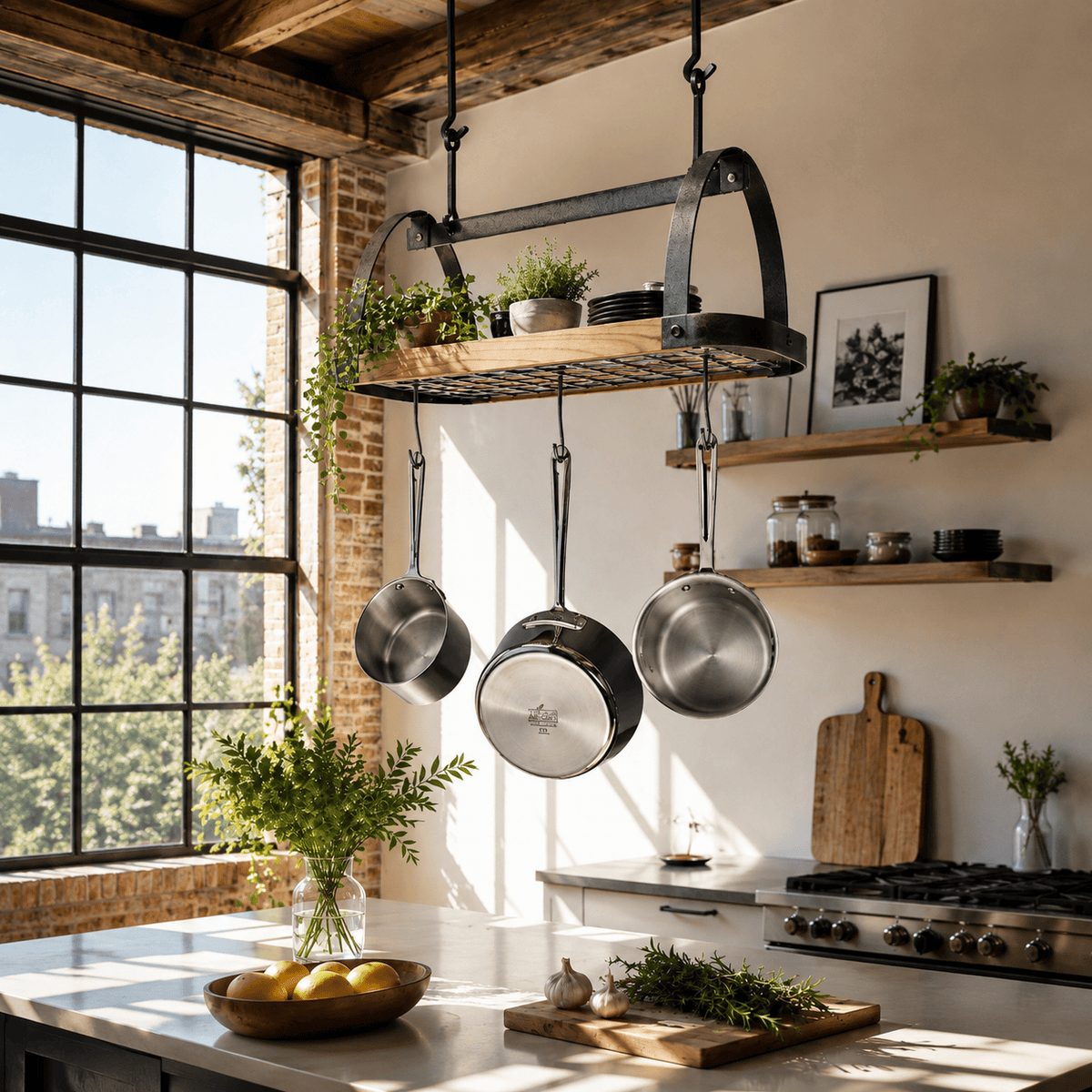 Enclume Ceiling Decor Oval Ceiling Pot Rack w/Alder Wood in Hammered Steel