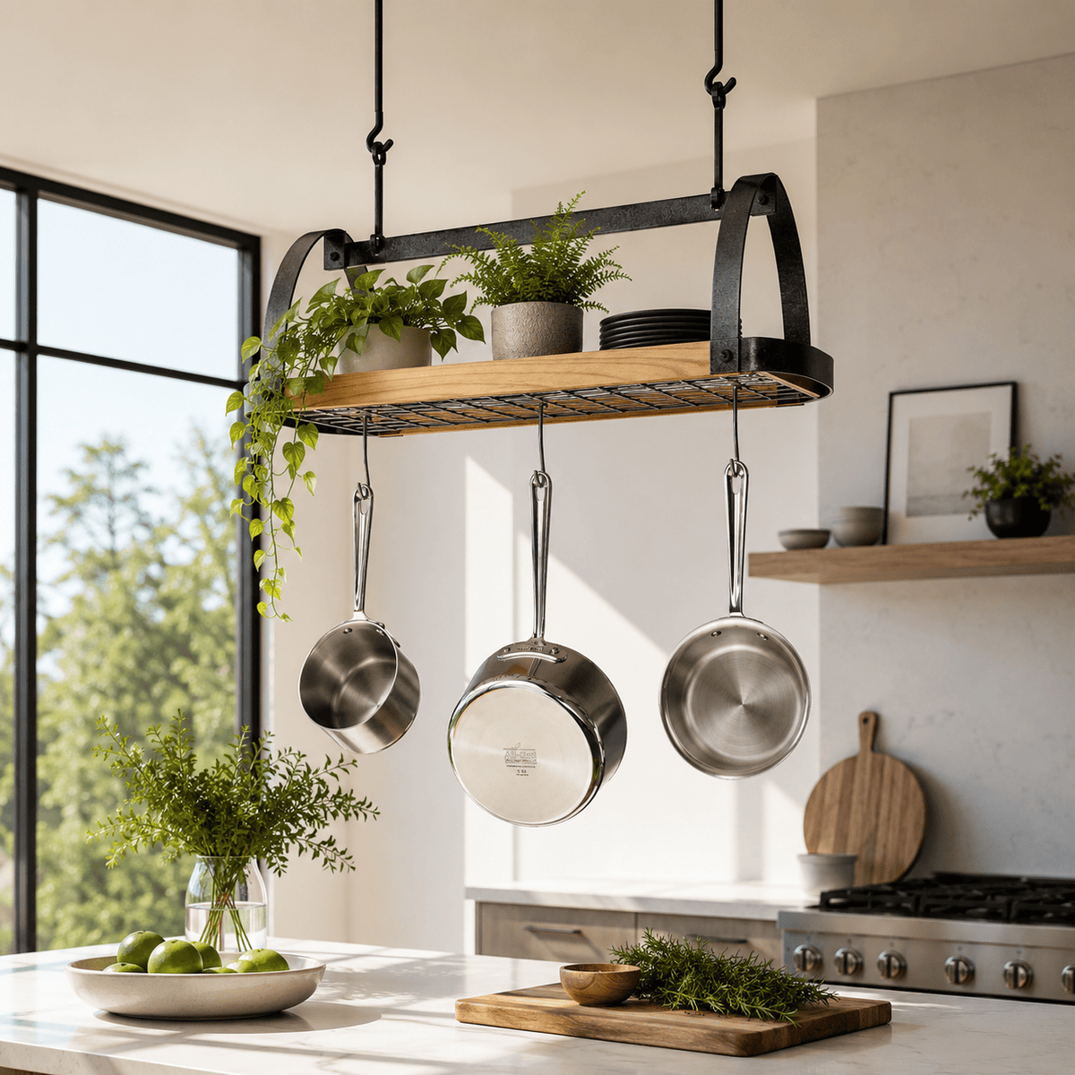 Enclume Ceiling Decor Oval Ceiling Pot Rack w/Alder Wood in Hammered Steel