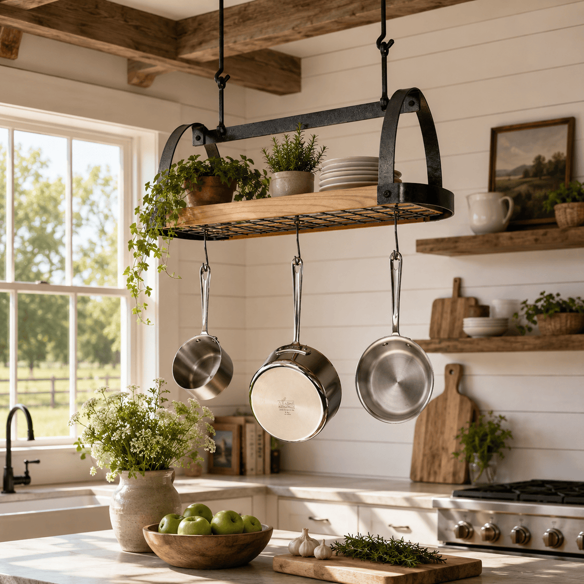 Enclume Ceiling Decor Oval Ceiling Pot Rack w/Alder Wood in Hammered Steel