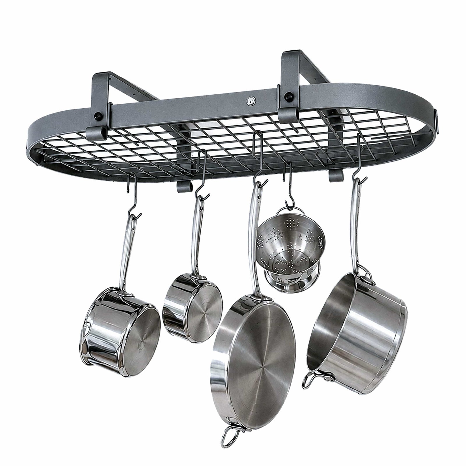 Enclume Ceiling Hammered Steel 37" Low Ceiling Oval Pot Rack w/ 18 Hooks