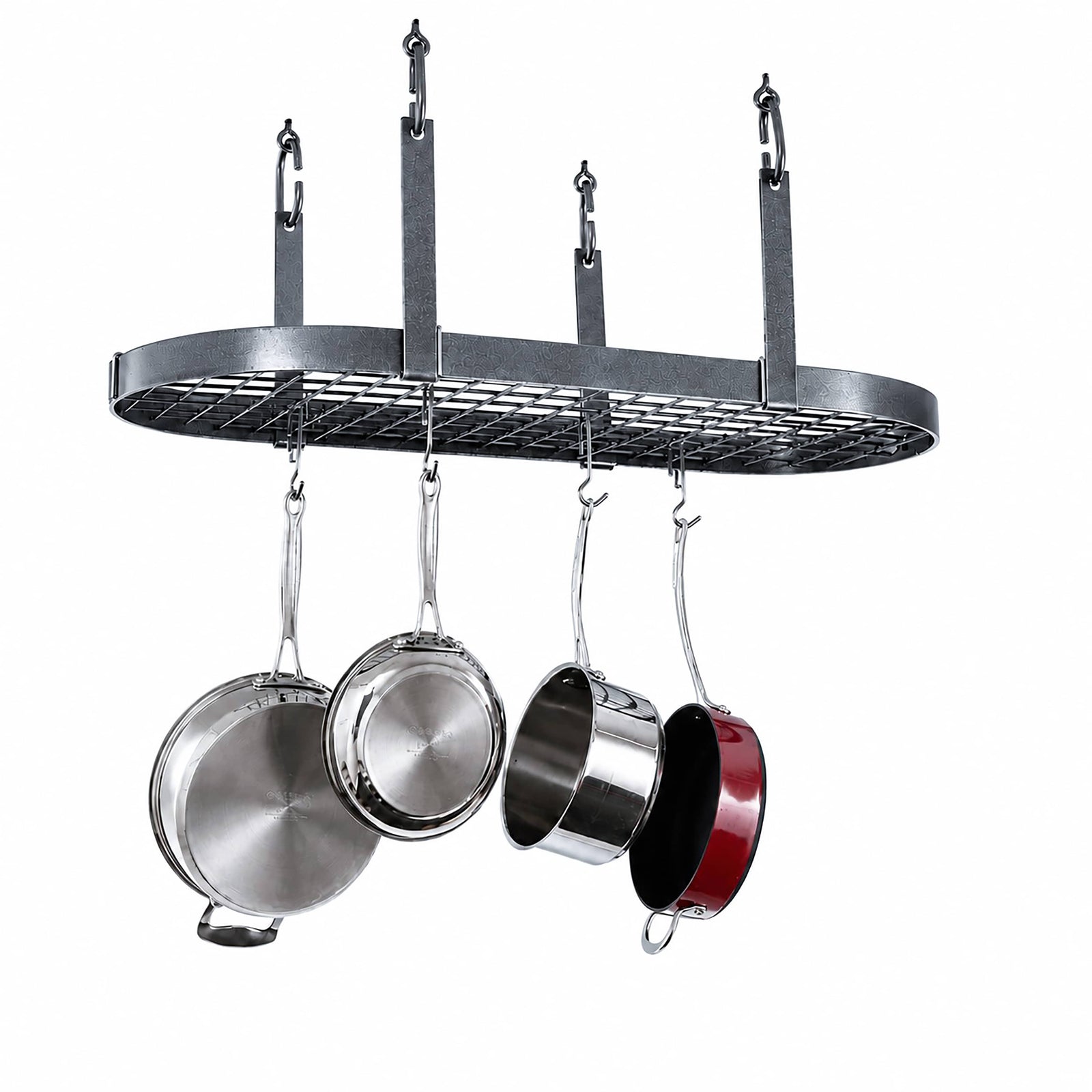 Enclume Ceiling Hammered Steel Four Point Oval Ceiling Pot Rack w/ 18 Hooks