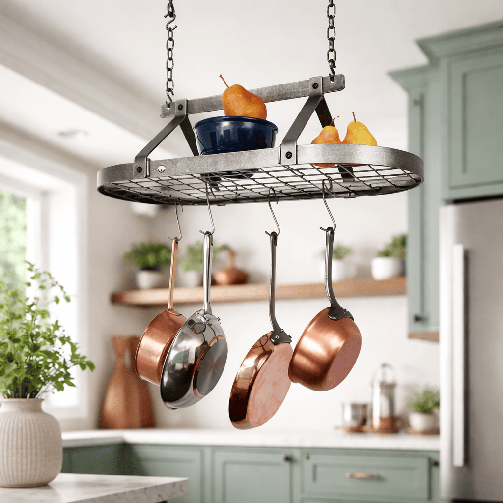 Enclume Ceiling Hammered Steel Gourmet Classic Oval Ceiling Pot Rack w/ 12 Hooks, 2 S Hooks and 6" Chain